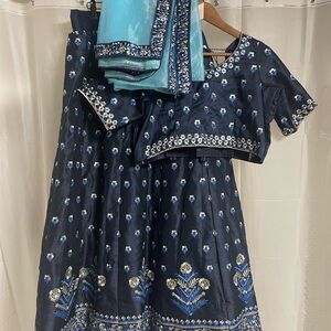 Gorgeous Navy Blue Embroidered Lehenga Choli w Aqua Dupatta